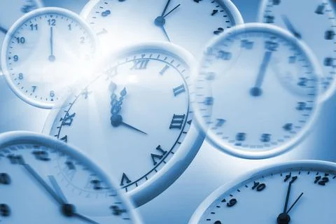 Computer generated image of wall clocks Stock Photos
