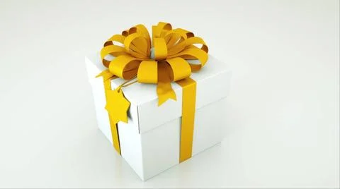 Computer generated image of white gift box with golden bow and tag isolate... Stock Photos