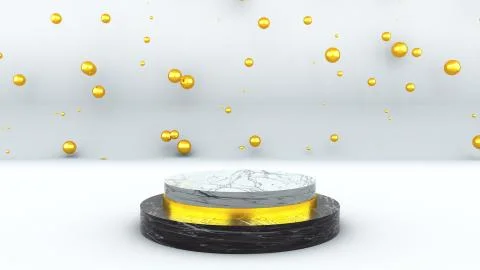 Computer generated marble pedestal with many golden bubbles. Concept of victory Stock Illustration