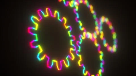 Computer generated neon gears are turning on dark backdrop. 3d rendering of Illustrazione stock