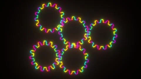 Computer generated neon gears are turning on dark backdrop. 3d rendering of Illustrazione stock