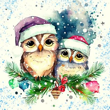 Computer generated owls perching on winter tree branch Stock Illustration