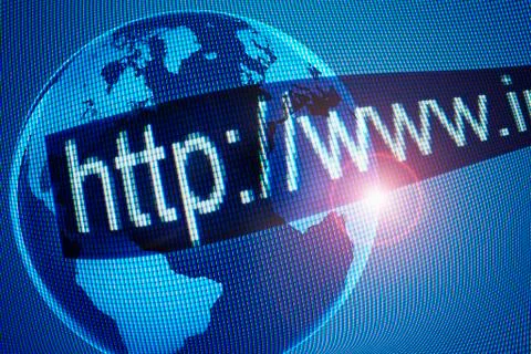 Computer generated picture of globe and web address on foreground Stock-Illustration