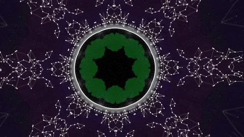 Computer generated plexus capsule with green particles forming different Illustrazione stock