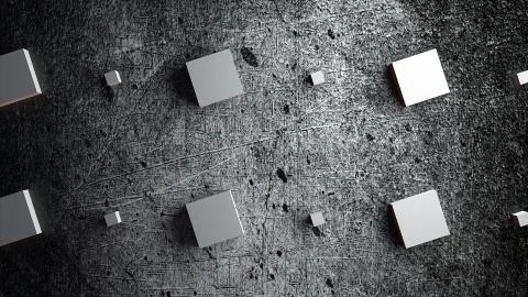 Computer generated rows of large and small cubes on a gray grunge backdrop, 3d Stock Illustration