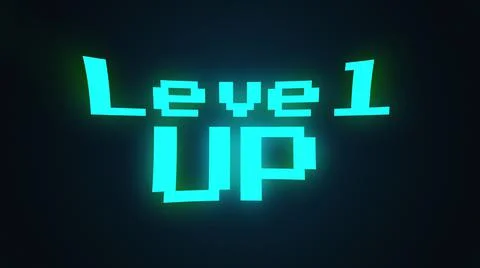 Computer generated a text message screen: Level 1 up. 3d rendering 8-bit font Stock Illustration