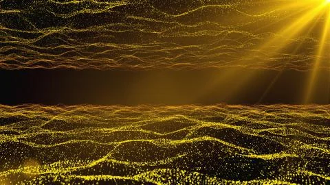 Computer generated upper and lower wavy layers of small shiny particles and rays Stock Illustration