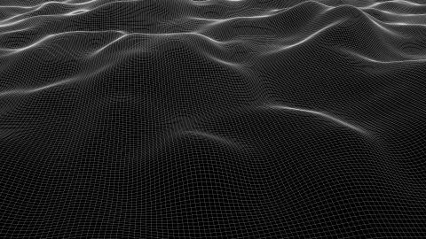 Computer generated a wireframe wave. 3D rendering of a luminous fine mesh Illustrazione stock