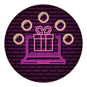Computer gift box coins neon video game Stock-Illustration