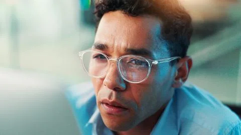 Computer, glasses and developer with business man cyber security, network domain Stock Photos