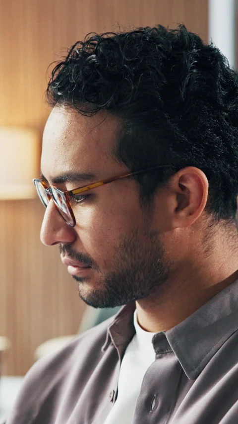 Computer, glasses and reading with business man in office for web design or Stock Footage 331579849