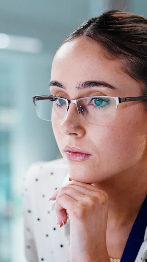 Computer, glasses and reading with business woman in office for accounting Stock-Footage 341492492