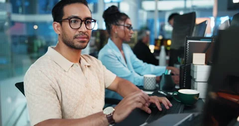 Computer, glasses and reading with programmer man at desk in office as graphic Stock Footage 309041261