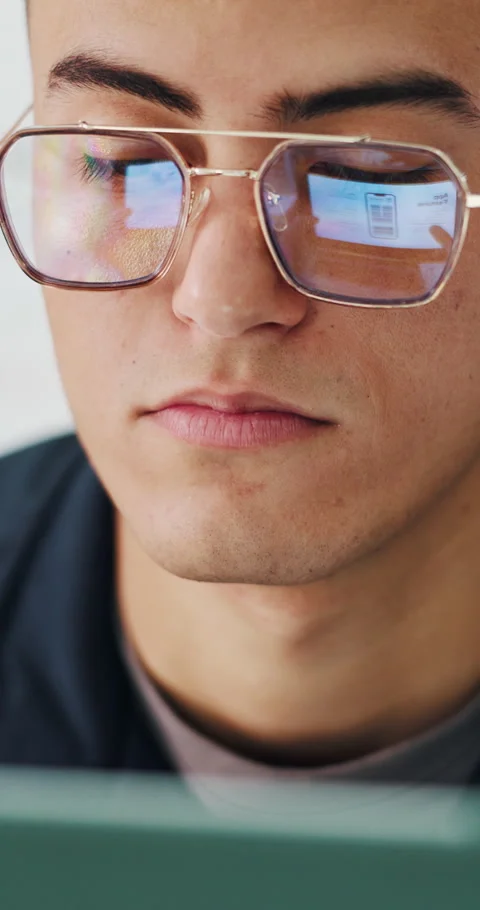 Computer, glasses and reflection with designer man in office for ui phone Stock Footage 319857214