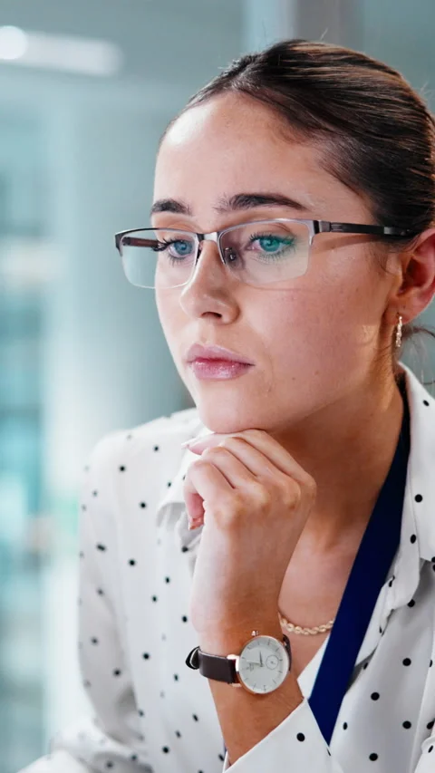 Computer, glasses and thinking with business woman in office for accounting Stock Footage 341498406