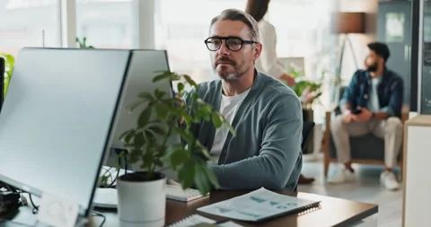 Computer, glasses and web development with man software engineer in office for Stockbeeldmateriaal 290057182