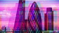 Computer Glitch Distortion Technology London Skyline Urban City Stock Footage