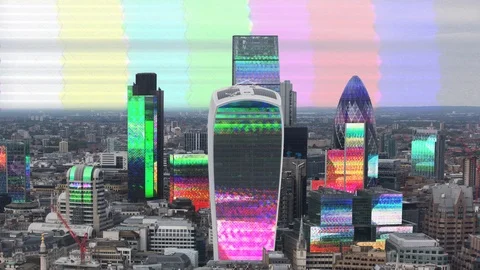 Computer glitch distortion technology london skyline urban city Video stock 86443010