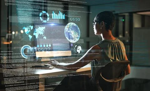 Computer, global analytics hologram or woman review finance data, stock market Stock Photos