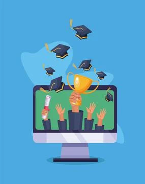 Computer with graduates students hands Ilustración de archivo