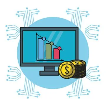 Computer with graph and coins Illustrazione stock