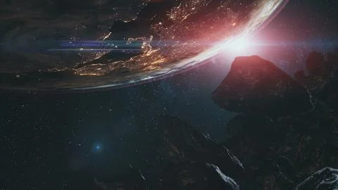 Computer graph black space rocks fly near planet Earth Illustrazione stock