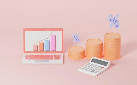 A computer with graph reflects the rise in loan rates, coins and calculator w Stock Illustration