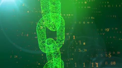 A computer graphic 3d illustration of a moving vertically shining chain prote Stock Illustration