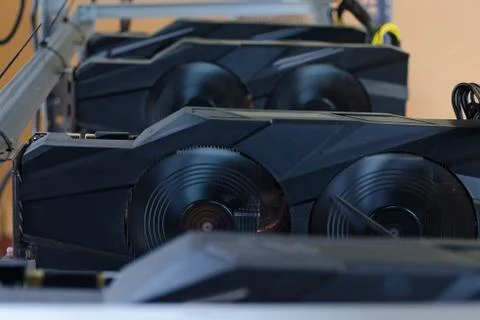 Computer with graphic cards for cryptocurrency mining. Stock Photos