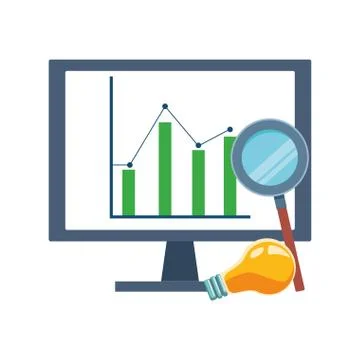 Computer with graphic chart and magnifying glass Illustrazione stock