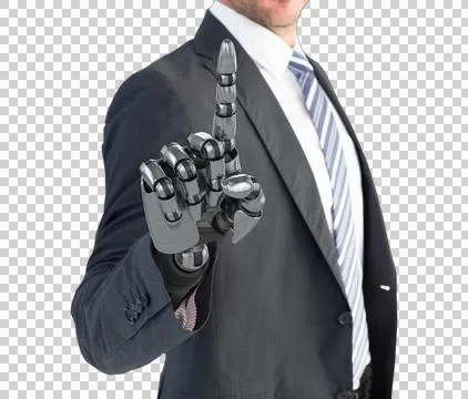 Computer graphic image of businessman with robotic hand in full suit Stock Photos
