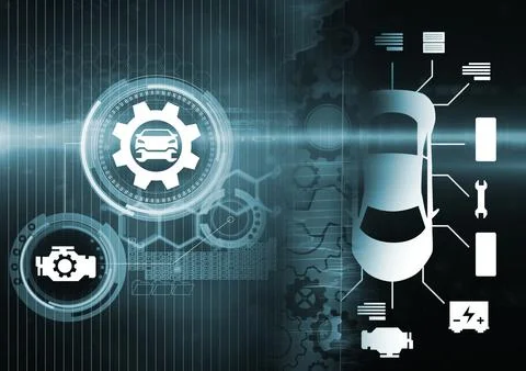 Computer graphic image of car and tools Illustrazione stock