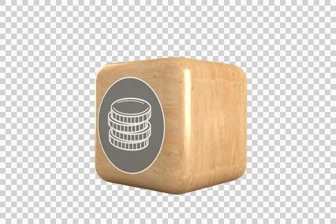 Computer graphic image of coin symbol on brown cube Stock Photos