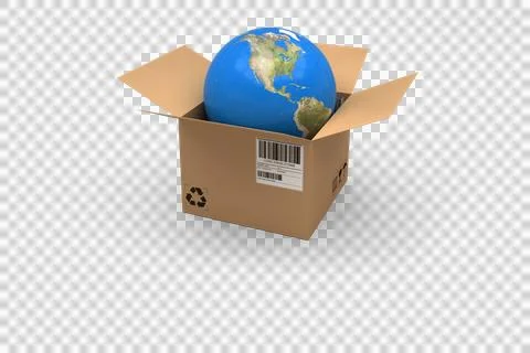 Computer graphic image of globe in cardboard box 写真素材
