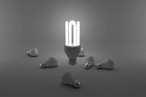 Computer graphic image of lit energy efficient lightbulb Stockfoto's