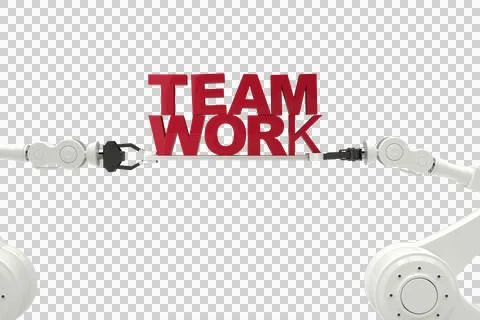 Computer graphic image of robotic hands holding red team work text Stock Illustration