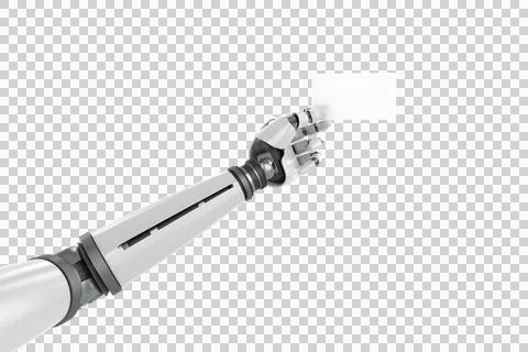 Computer graphic image of white robotic arm holding placard Stock Photos