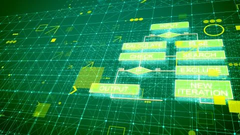 A computer graphics 3d illustration of electronic algorithms located diagonal Stock-Illustration