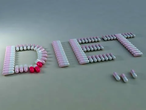 Computer graphics, 3d-render of pharmaceuticals, capsules form the word "diet Stock Illustration