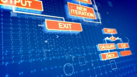 A computer graphics 3d rendering of electronic algorithms placed diagonally o Stock Illustration