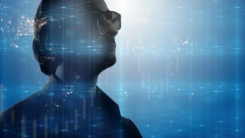 Computer graphics and double exposure of the silhouette of a man in glasses agai Stock Footage 232988800