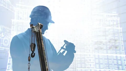 Computer graphics and double exposure. In the silhouette of a male engineer, the Stock Footage 233028850