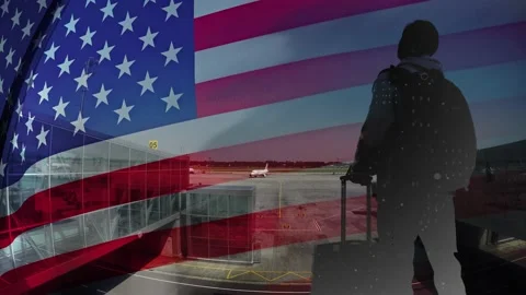 Computer graphics and double exposure. Tourist or expatriate with a backpack and 動画素材 237505185