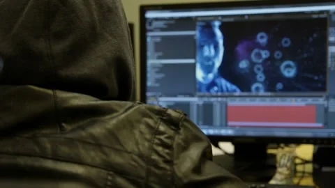 Computer graphics artist working on graphic animation on computer Video stock 238003711