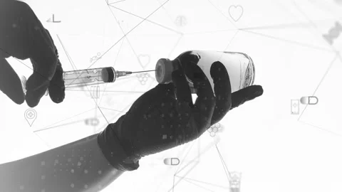 Computer graphics on the background of a hand with a syringe and a liquid in a b Video stock 232989000