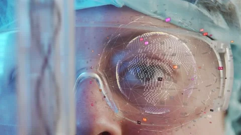 Computer graphics on the background of the laboratory assistant face rotates a s Stock-Footage 232989503