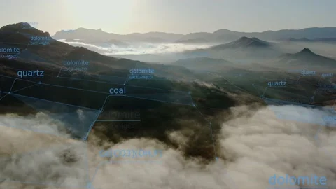 Computer graphics on the background of a mountainous area moves an interactive m Stock Footage 232988986
