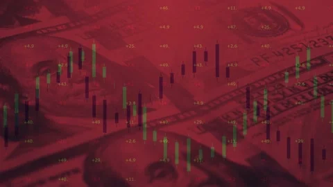 Computer graphics on the background of paper bills of 100 US dollars moving Japa Stock Footage 232988788