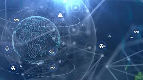 Computer graphics on a blue background the globe rotates inside a polygonal netw Video stock 232989506