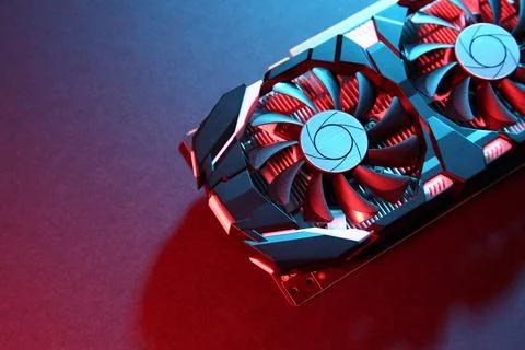 Computer graphics card on color background, top view. Space for text Stock Photos